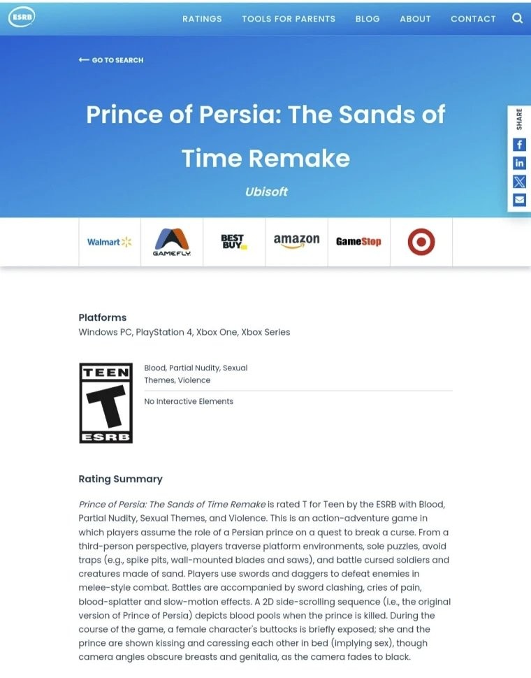 波斯王子:时之砂重制版评级出现,发行日期或临近?