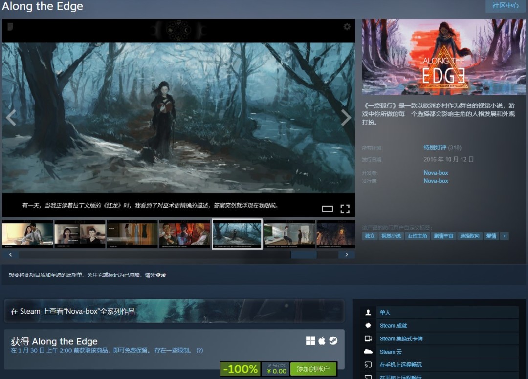 Steam平台：免费领好评视觉小说一意孤行，截止1月30日凌晨2点