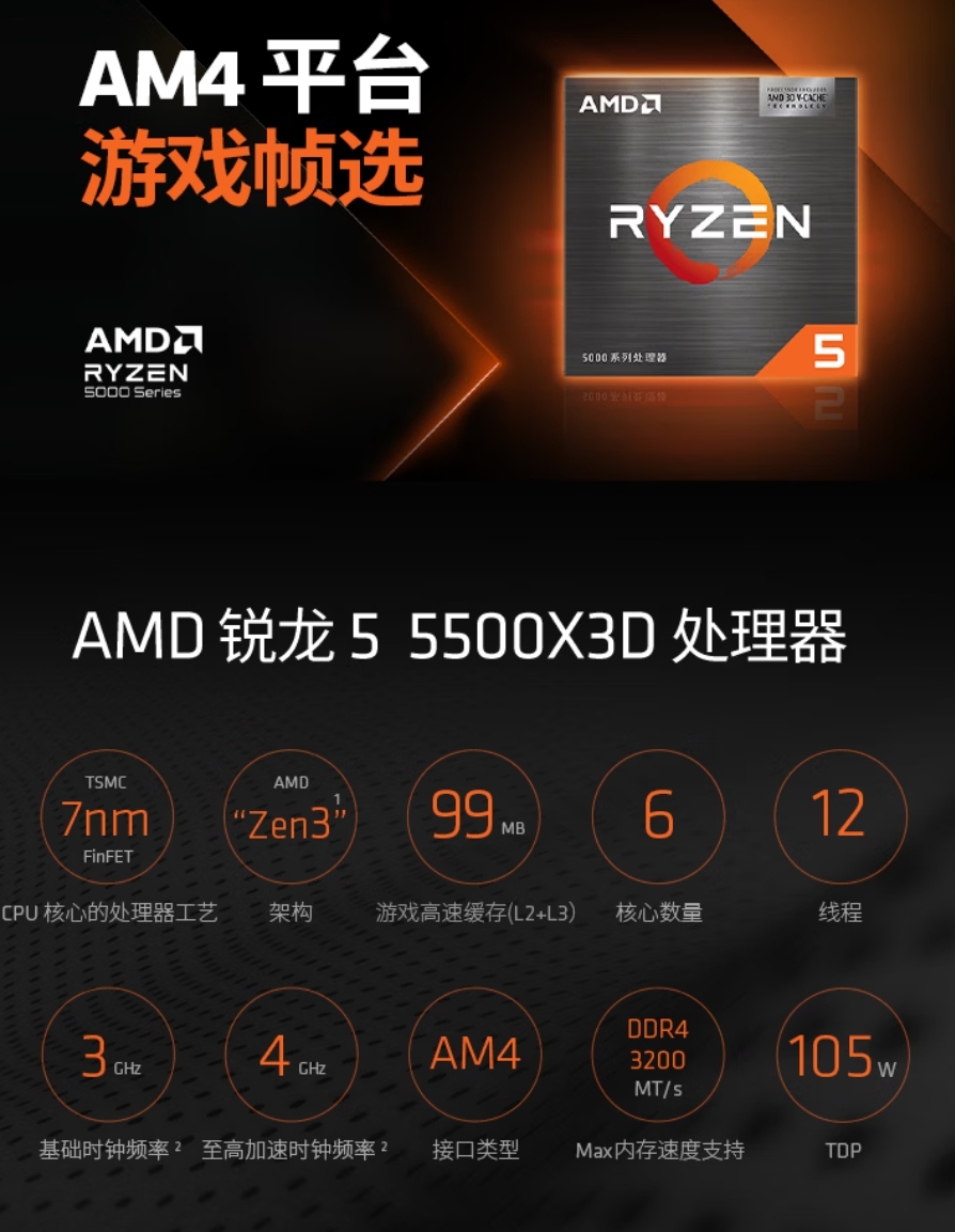 AMD锐龙5 5500X3D发布，低成本游戏PC绝佳选择