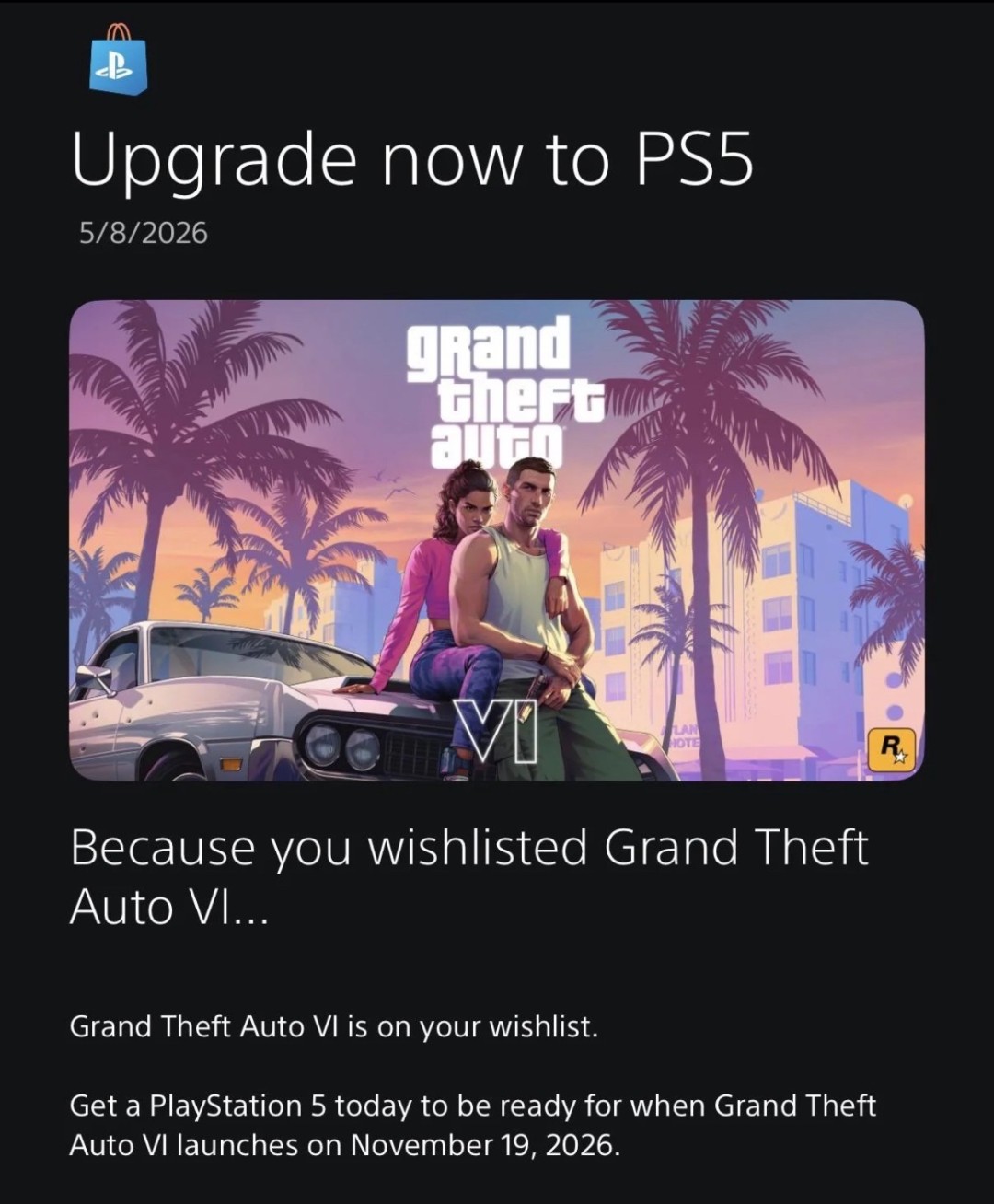PlayStation敦促PS4用户升级至PS5，GTA6宣发要来了？