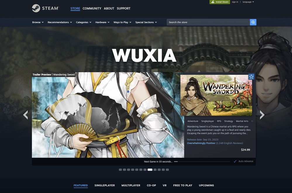 Steam新增武侠仙侠标签，找中国风游戏更轻松