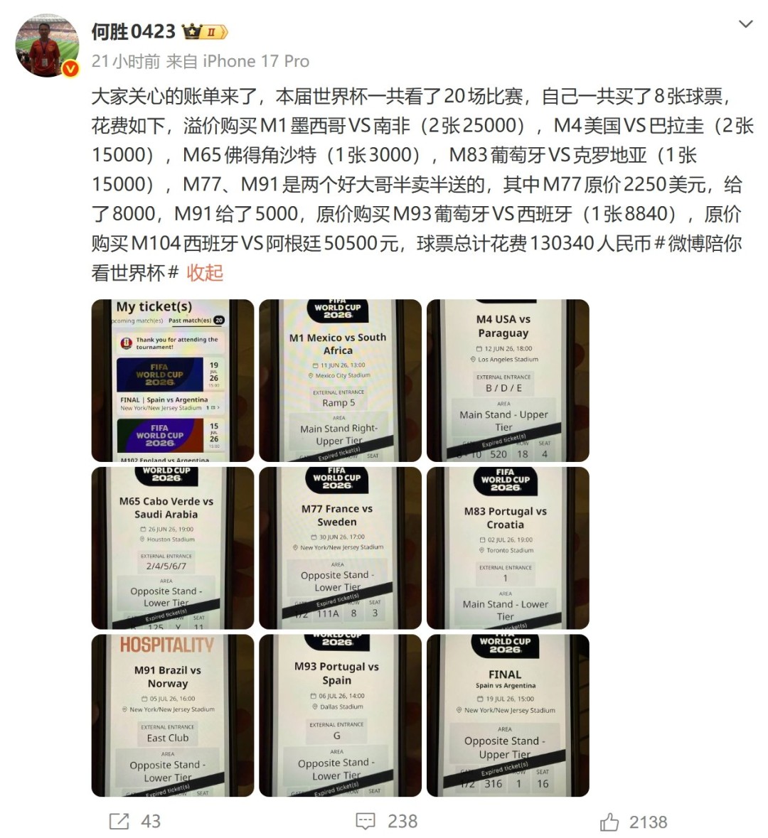 退钱哥晒世界杯球票账单：20场花13万，球迷看球有多贵